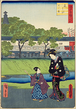 新堀川の対岸から久留米藩上屋敷を望む。左上に火の見櫓、右隅に水天宮の幟が見える。二代歌川広重・三代歌川豊国「江戸自慢三十六興　赤はね火之見」国立国会図書館デジタルコレクションから転載