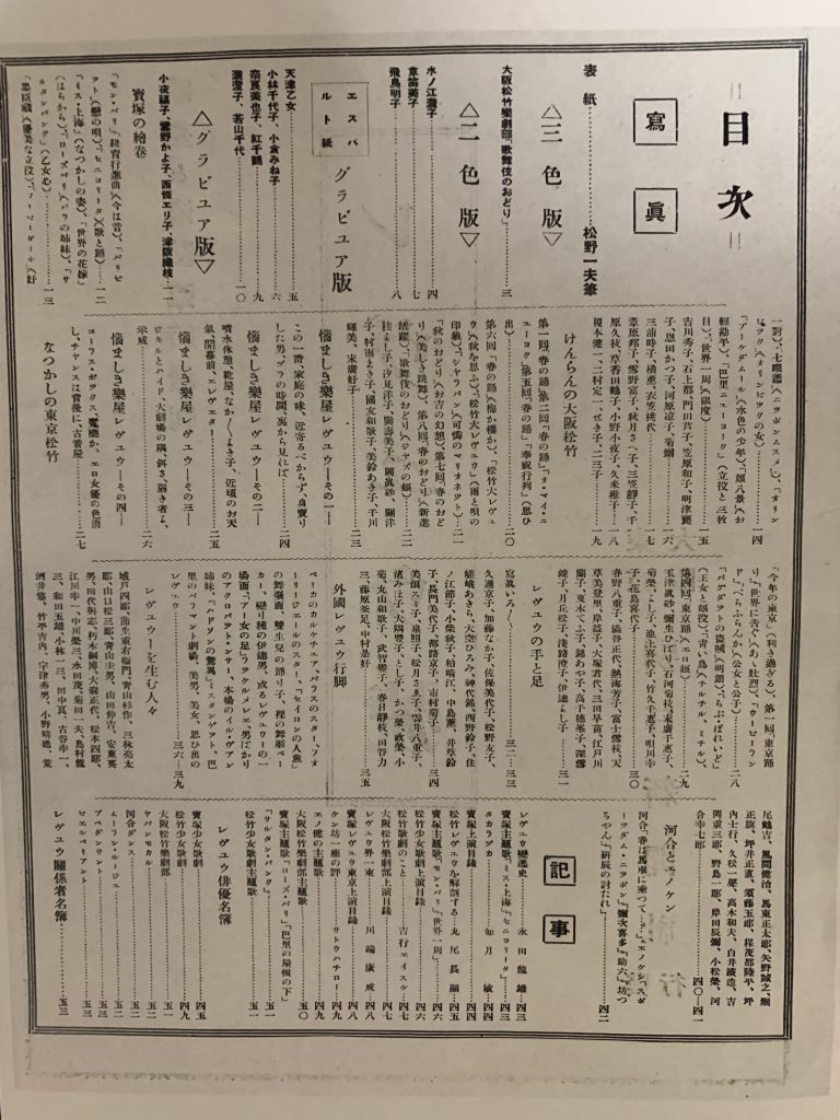 「『レヴュウ號』映画と演藝　臨時増刊」（1933年５月、東京・大阪朝日新聞社発行）目次